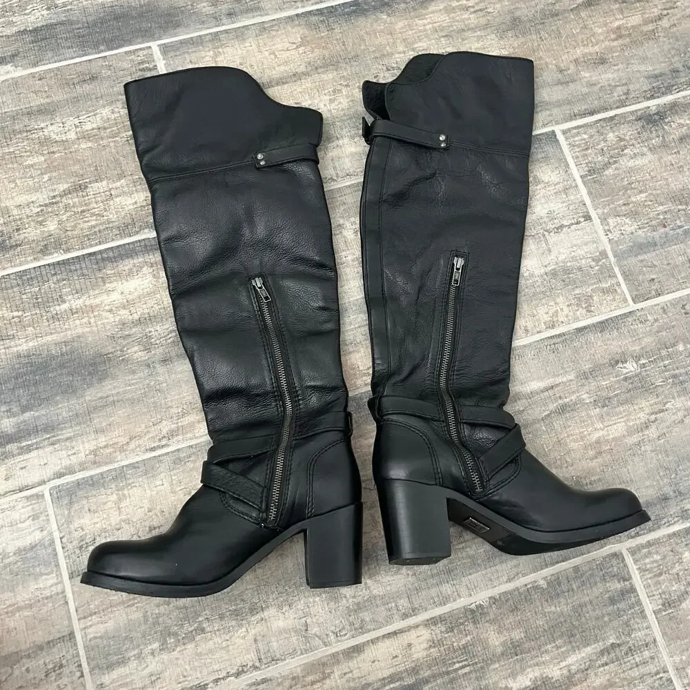 Frye Kelly Black Leather Over the Knee Boots Buckle Strap Block Heel Riding boot